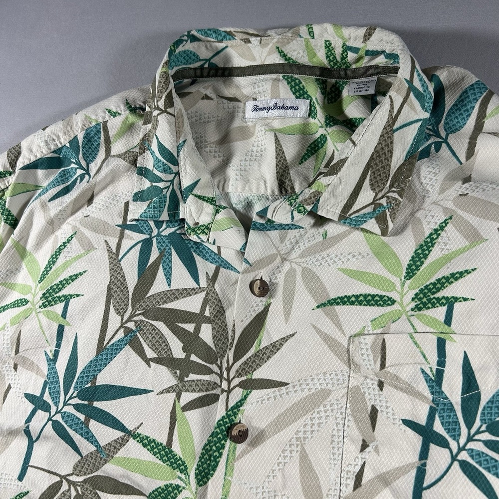 Tommy Bahama Men's 100% Silk Camp Shirt 3XLB Bamboo Leaf Print Cream Green
